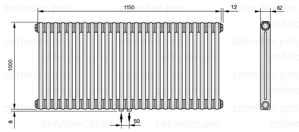 Схема (чертеж) Радиатор Zehnder Charleston 2100/25 №3470 Белый глянцевый RAL 9016